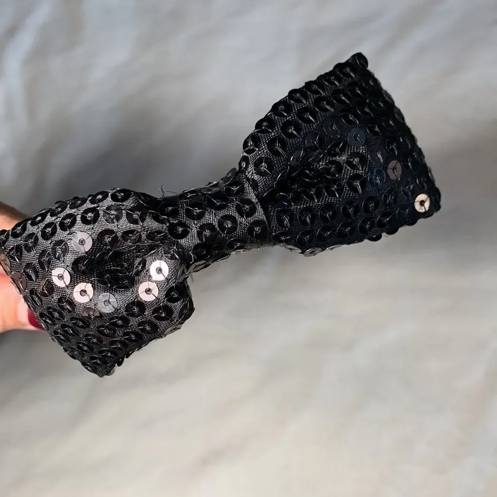 Girls Black Sequin and Ribbon Bow Tie Headband